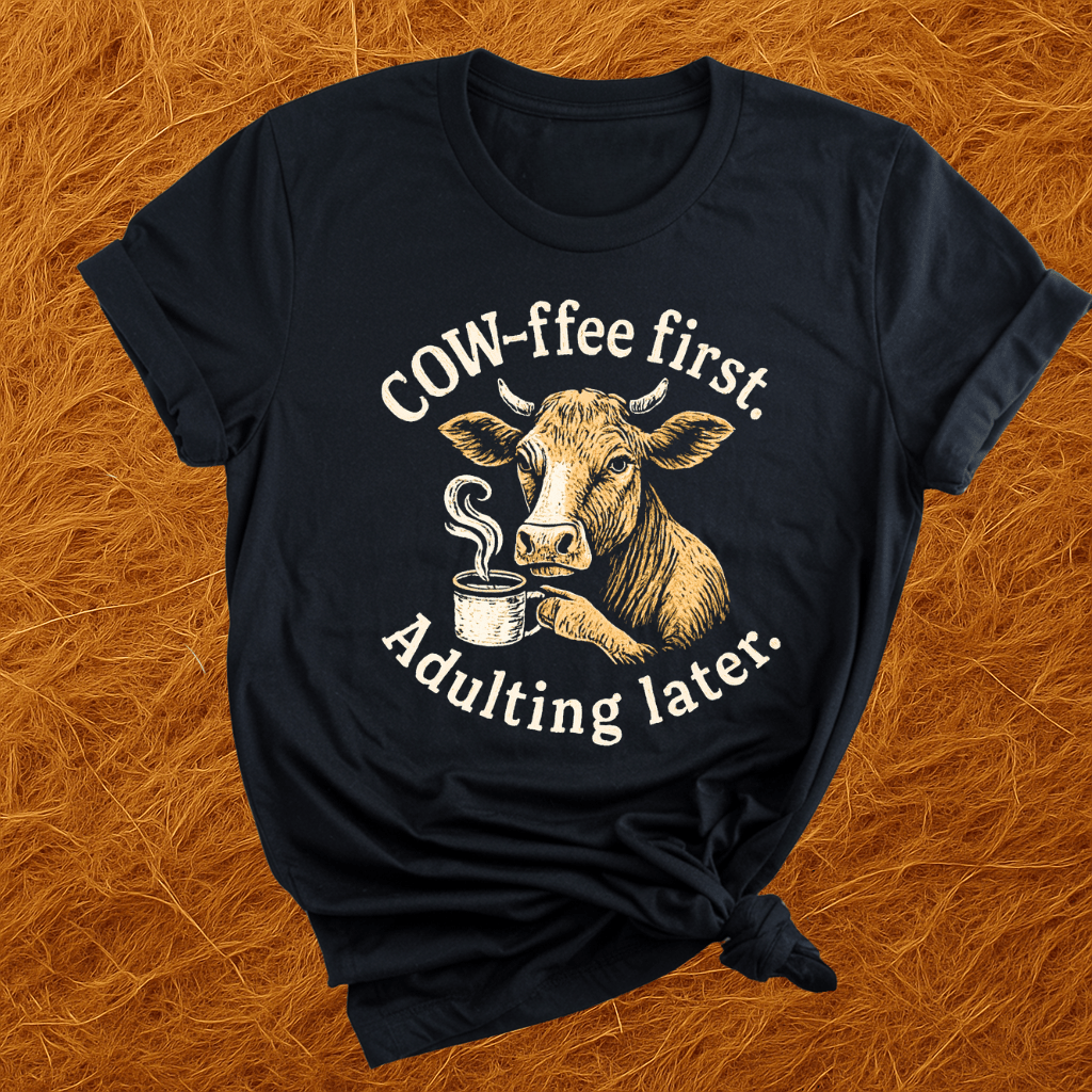 Cow-fee First. Adulting Later T-Shirt