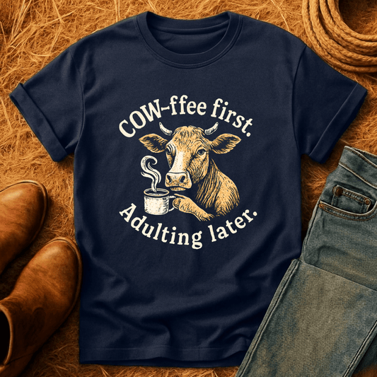 Cow-fee First. Adulting Later T-Shirt